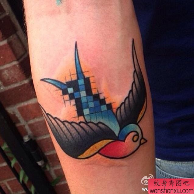 一幅school风格燕子纹身图案