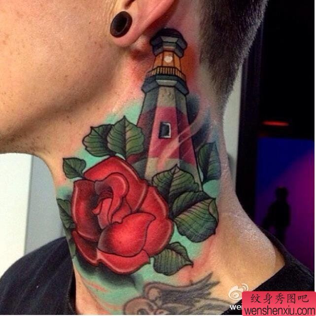 纹身秀图吧推荐一幅脖子school 灯塔纹身图案