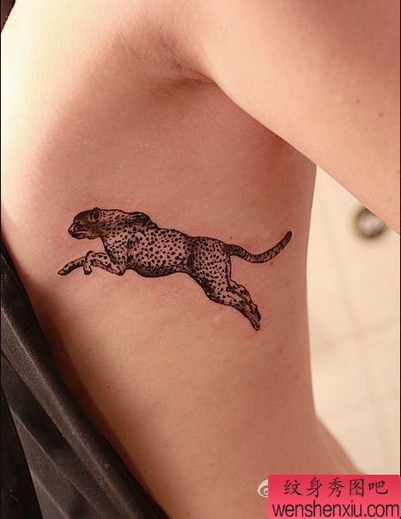 一幅女人侧腰小豹子纹身图案
