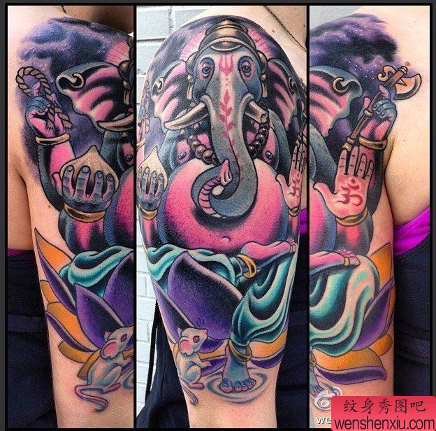 一幅大臂欧美彩色象神纹身图案