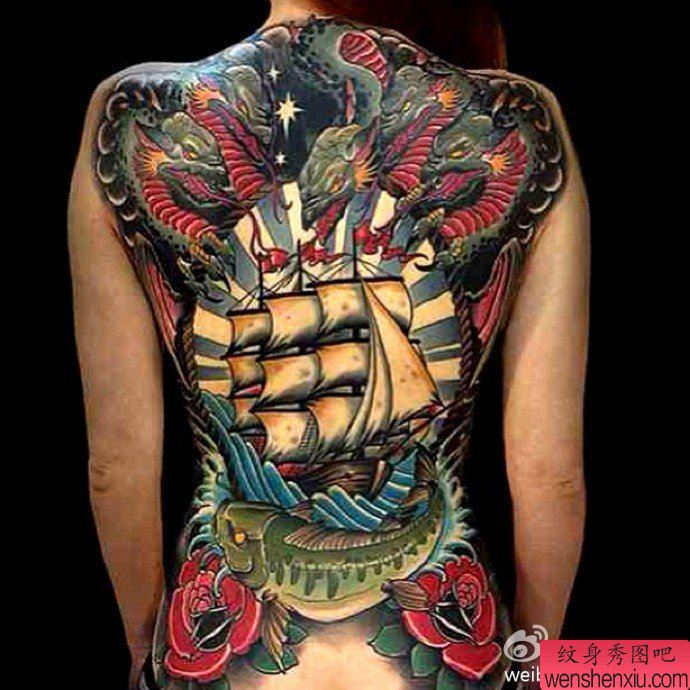 纹身秀图吧推荐一幅school风格满背纹身图案