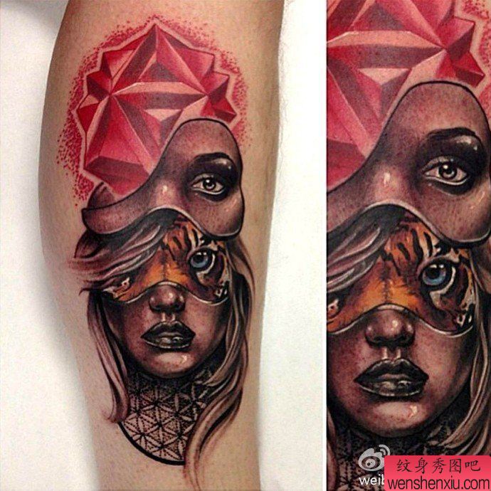 一幅胳膊面具女郎纹身图案