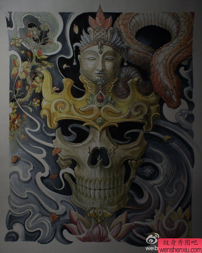 一幅适合做流行彩色满背的纹身手稿图案