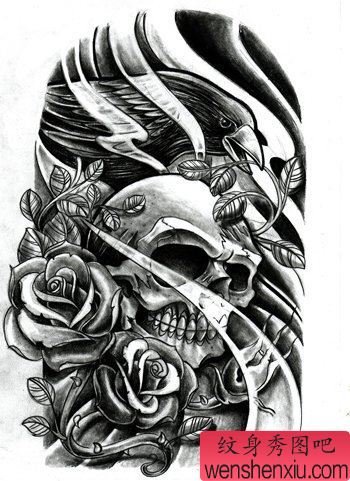 一幅欧美风格的骷髅头玫瑰花纹身手稿图案