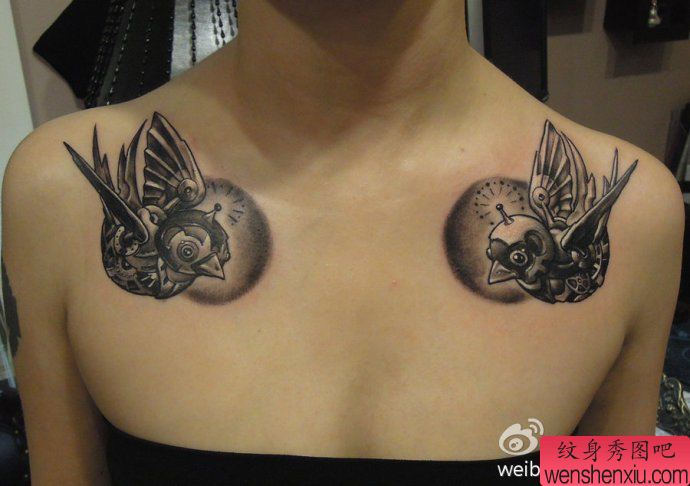 一幅女人肩背对称燕子纹身图案