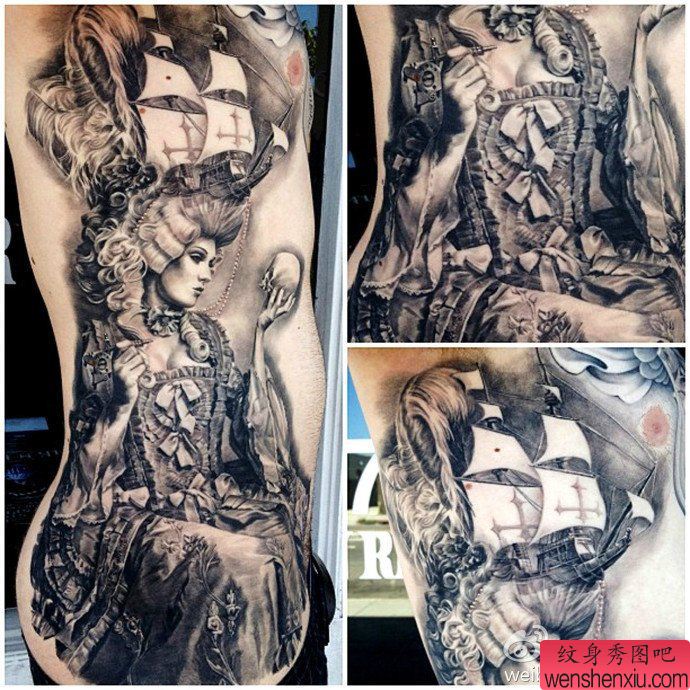 纹身秀图吧推荐一幅腰部个性女郎帆船纹身图案