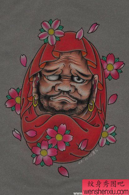 彩色达摩纹身图案