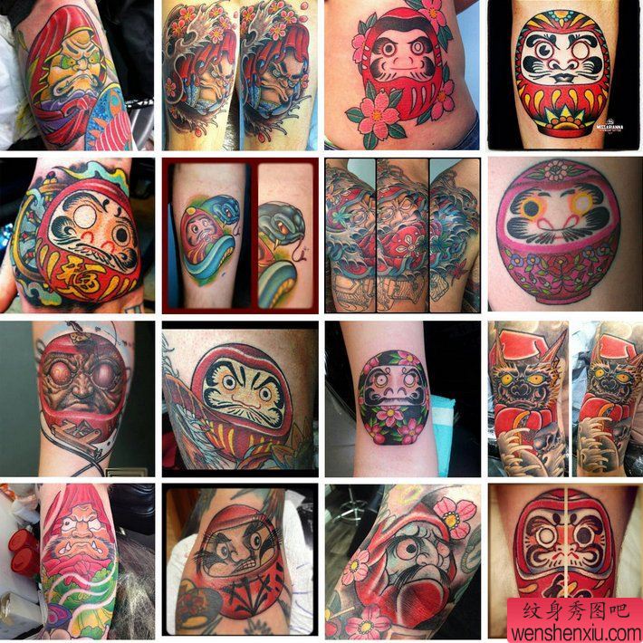 一组彩色达摩纹身图案