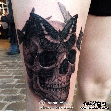 纹身秀图吧推荐一幅腿部 欧美骷髅头纹身