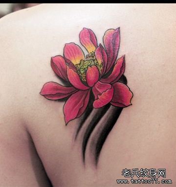 女人肩背彩色莲花纹身图案