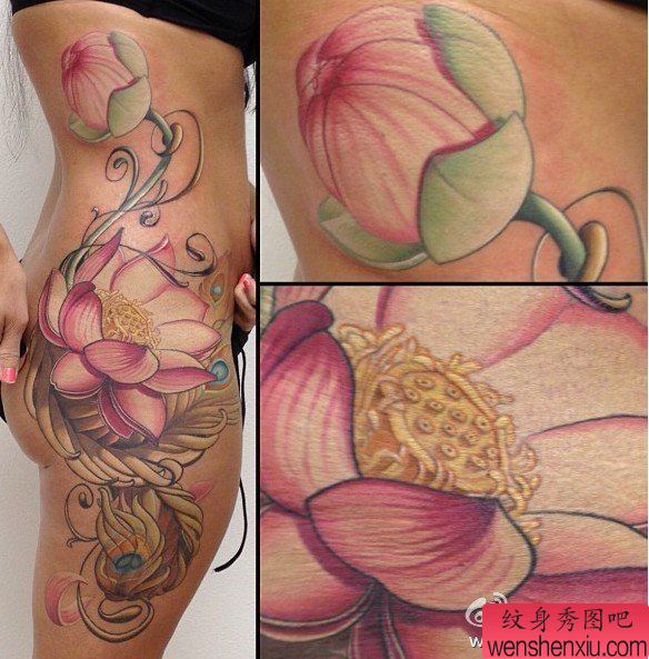 纹身秀图吧推荐一幅女人腰部彩色莲花纹身图案