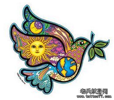 彩色鸽子纹身手稿图案