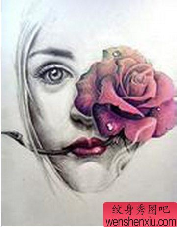 人物玫瑰花纹身图案