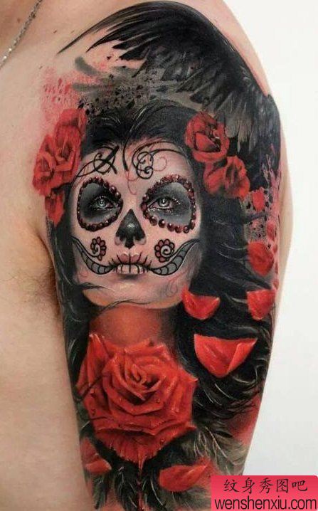 一幅欧美骷髅头玫瑰花纹身图案