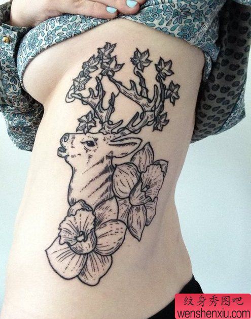 纹身秀图吧推荐一幅腰部个性羚羊纹身图案