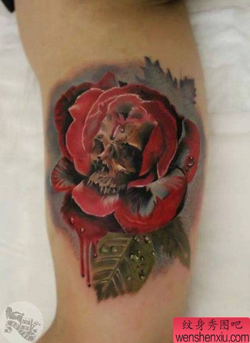 手臂彩色玫瑰花纹身图案