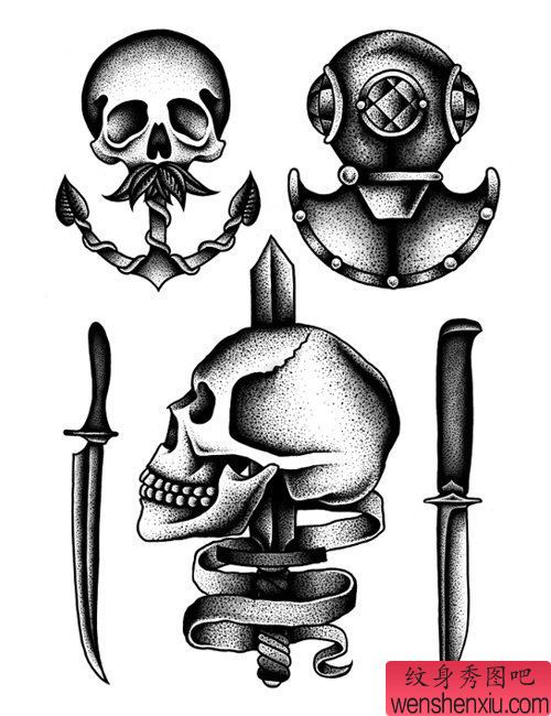 一组个性的骷髅头纹身图案