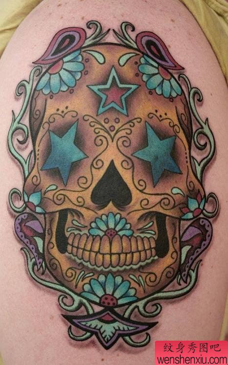 纹身秀图吧推荐一幅欧美骷髅头纹身图案
