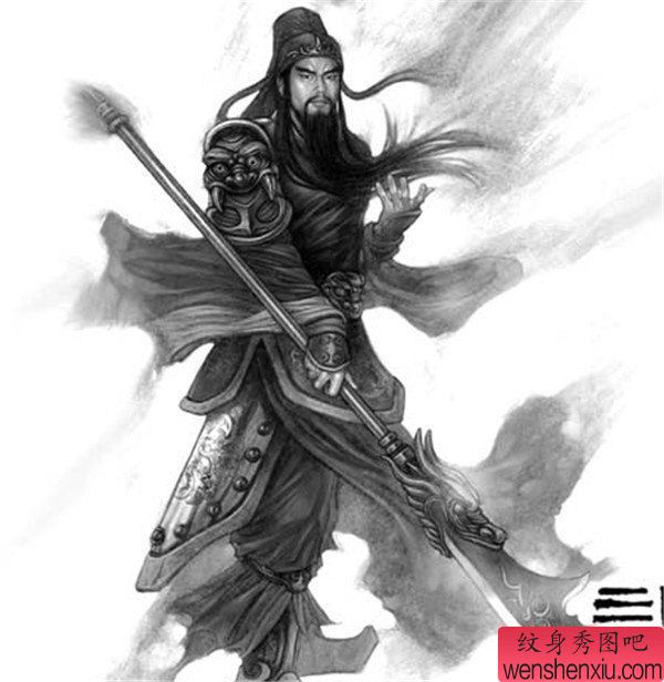 纹身秀图吧推荐一幅黑白关公纹身手稿图案