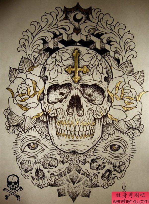 彩色骷髅头纹身手稿图案