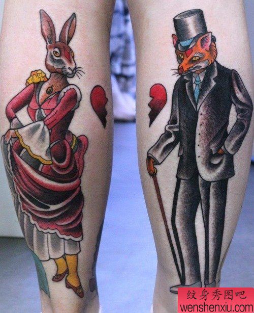 一幅腿部狐狸家族纹身图案