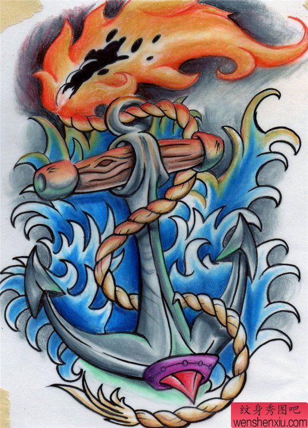 纹身秀图吧推荐一幅彩色船锚纹身图案