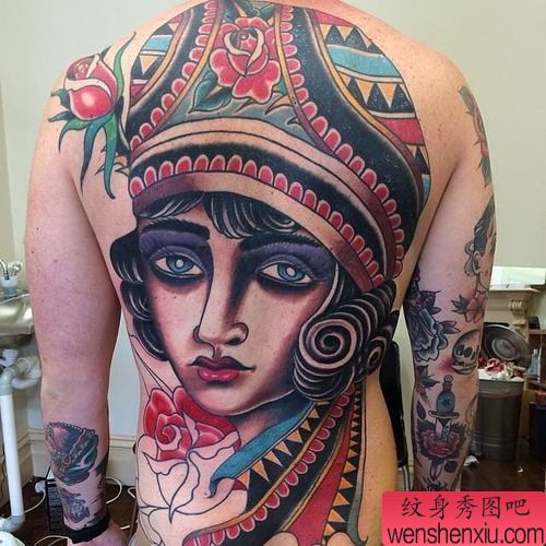 纹身秀图吧推荐一幅满背人物肖像纹身图案