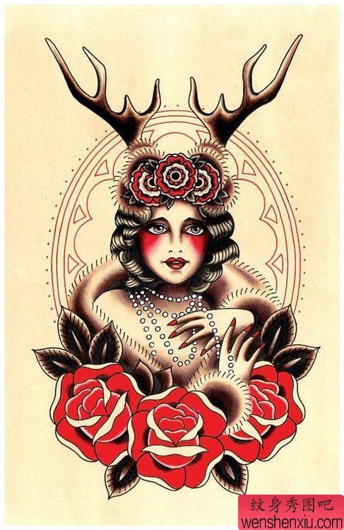 欧美school风格彩色鹿女纹身图案