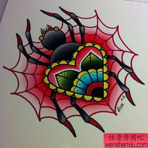 纹身秀图吧推荐一幅彩色蜘蛛纹身图案