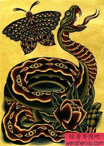 纹身秀图吧推荐一幅蛇蝴蝶纹身图案