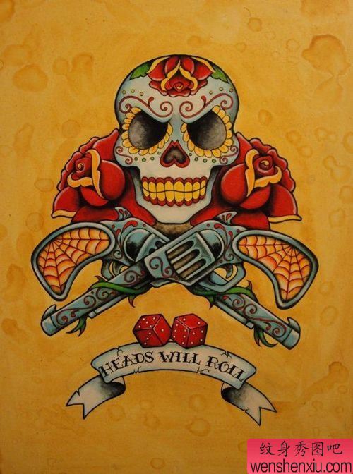 个性骷髅头手枪玫瑰花纹身图案