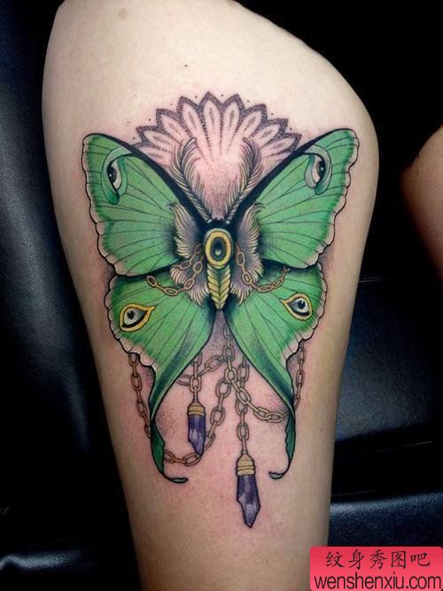 纹身秀图吧推荐一幅腿部彩色蝴蝶纹身图案