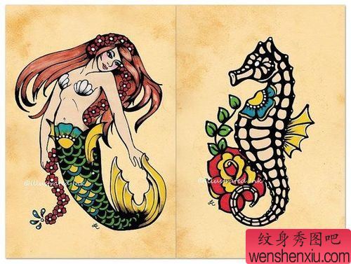 美人鱼海马纹身手稿图案