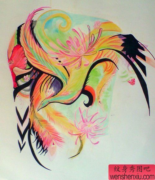 彩色凤凰纹身图案