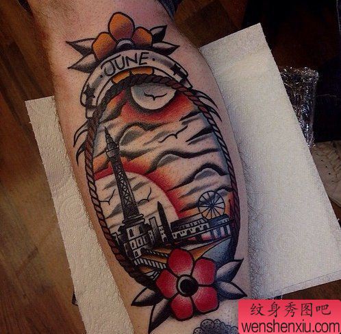 纹身秀图吧推荐一幅腿部灯塔纹身图案