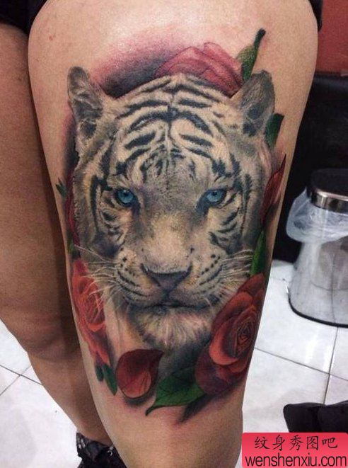 腿部老虎头纹身图案