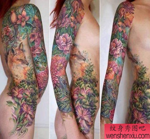 纹身秀图吧推荐一幅女人彩色花臂纹身图案