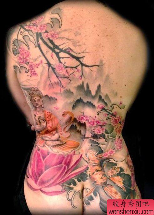 纹身秀图吧推荐一幅彩色佛莲花纹身图案