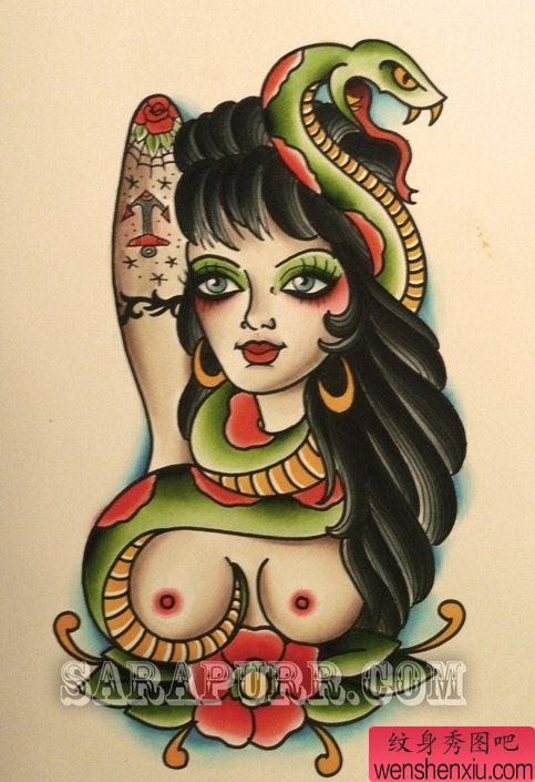 蛇女纹身手稿图案