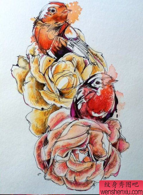 纹身秀图吧推荐玫瑰花鸟纹身图案