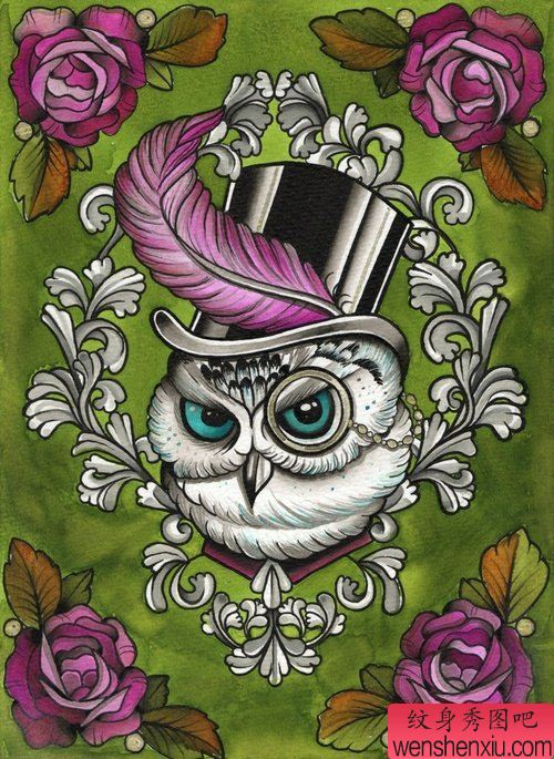 一幅个性猫头鹰纹身手稿图案