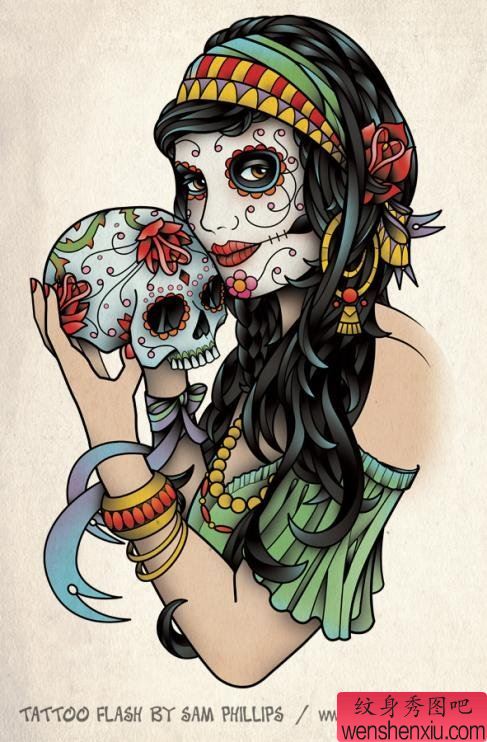 纹身秀图吧推荐一幅个性流行骷髅头女郎纹身手稿图案