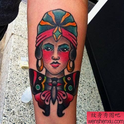 纹身秀图吧推荐一幅手臂人物肖像纹身图案