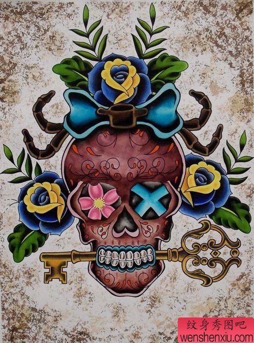 纹身秀图吧推荐一幅彩色欧美骷髅头纹身图案