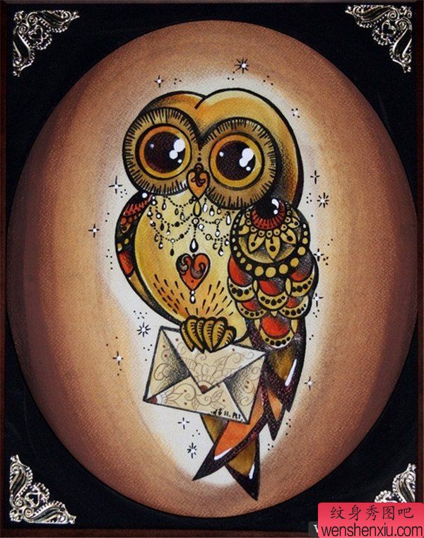 个性猫头鹰纹身手稿图案