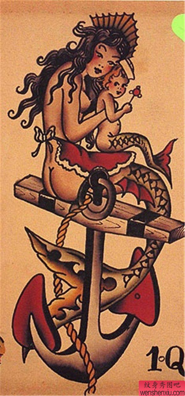 纹身秀图吧推荐一幅船锚美人鱼纹身手稿图案