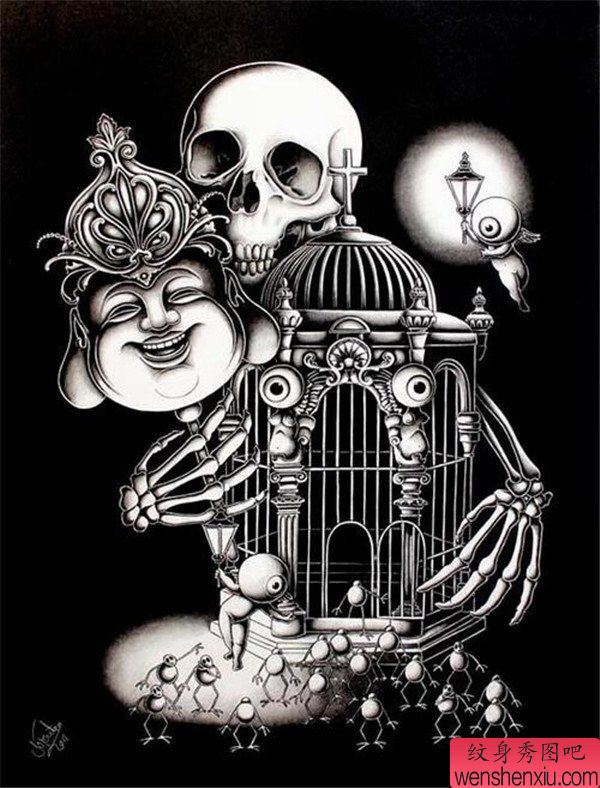 纹身秀图吧推荐一幅个性骷髅头纹身手稿图案