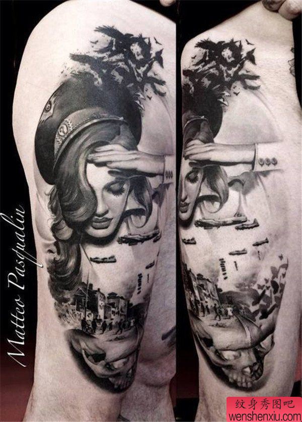 欧美黑灰女郎纹身图案