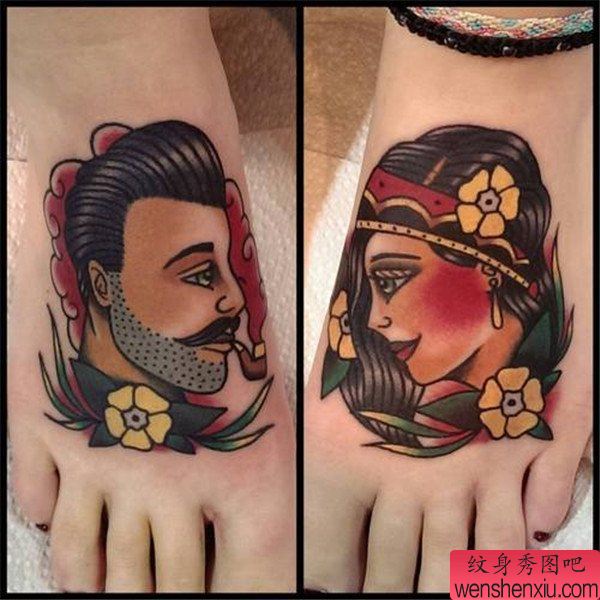 纹身秀图吧推荐一幅脚背欧美人物纹身图案