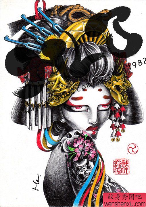 纹身秀图吧推荐一幅艺妓纹身图案